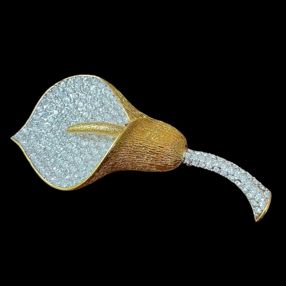 VTG Nolan Miller Calla Lilly Flower Crystals Gold Tone Brooch Pin